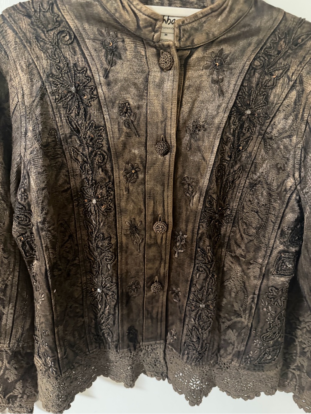VTG Flashback Beaded Earthy Fairycore Tapestry Jacket Crochet Hem Brown Medium - Picture 5 of 9